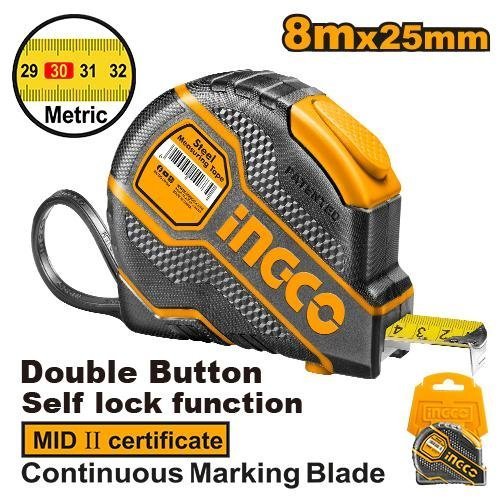 HSMT08081E-2.jpg Cinta métrica Ingco 8m, doble botón, auto bloqueo.