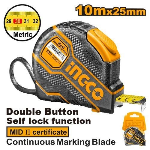 Cinta métrica INGCO 10m, botón doble, auto-bloqueo.