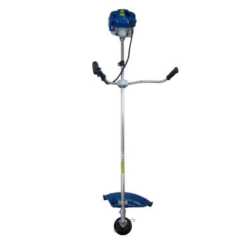 Desbrozadora de gasolina azul con manillar ergonómico.
