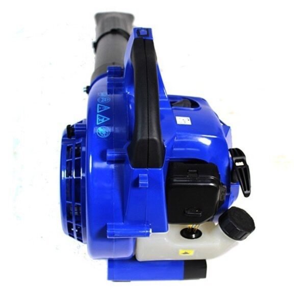 Soplador de hojas azul de gasolina vista superior.