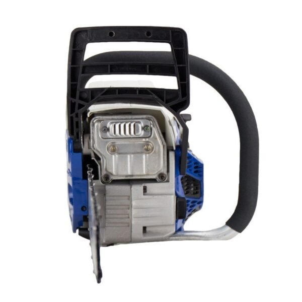 hyc4216-motosierra-hyundai-16-5.jpg Vista frontal de motosierra azul y negra moderna.