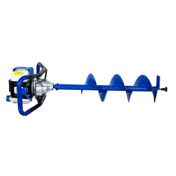 Perforadora de tierra azul con motor a gasolina.