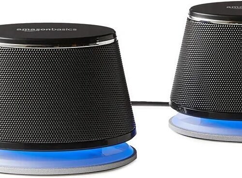 Amazon Basics - Altavoces para ordenador alimentados por USB con sonido dinámico, Paquete de 2, Negro