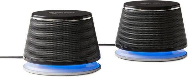Amazon Basics - Altavoces para ordenador alimentados por USB con sonido dinámico, Paquete de 2, Negro