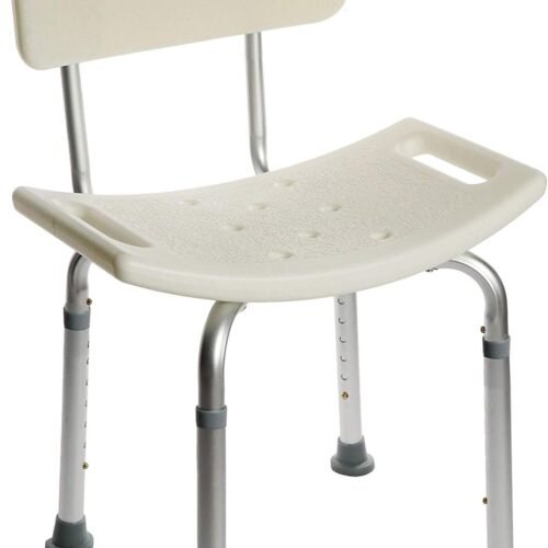 Silla de ducha ajustable con respaldo y apoyabrazos.