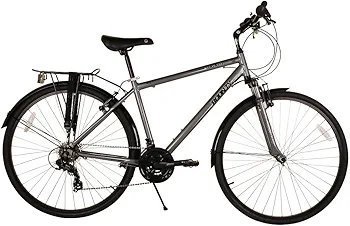 Bicicleta de montaña gris con portaequipajes.