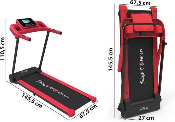 Cinta de correr plegable roja con medidas en centímetros.