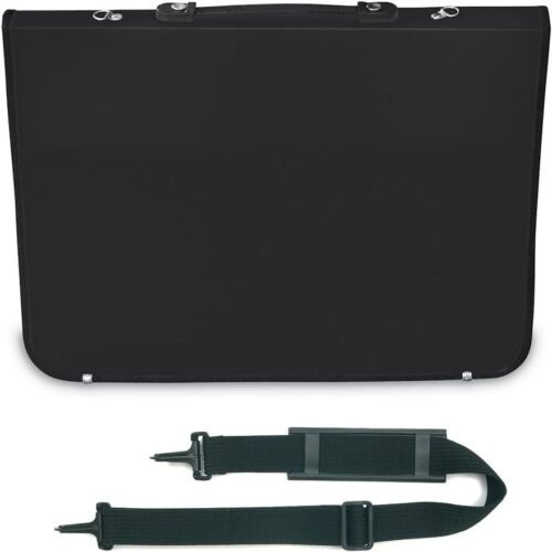 Portafolio negro con correa ajustable desmontable.