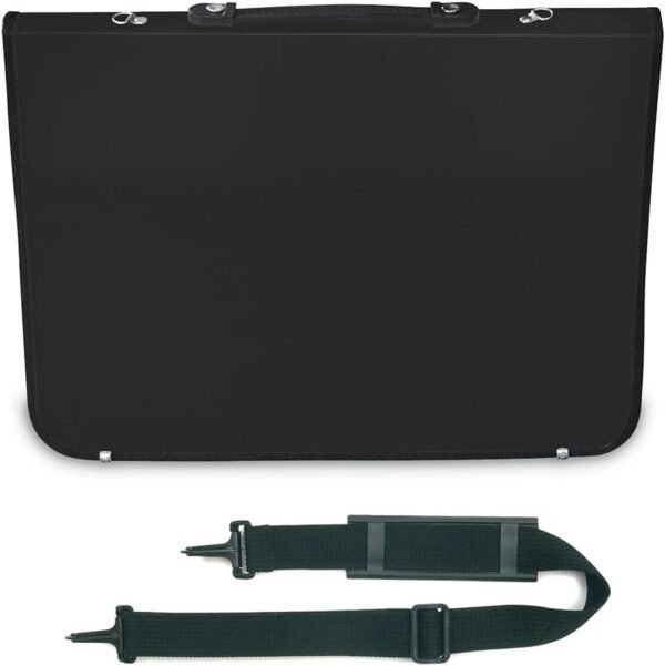 Portafolio negro con correa ajustable desmontable.
