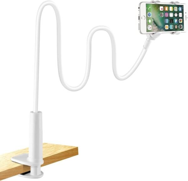 Soporte flexible para móvil en escritorio de madera.
