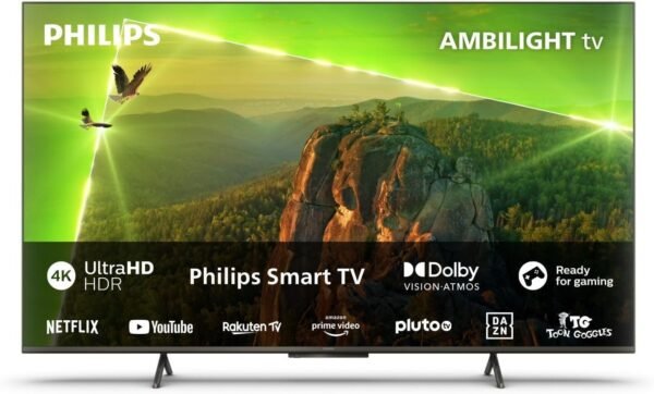 Televisor Philips 4K HDR con Ambilight y apps.