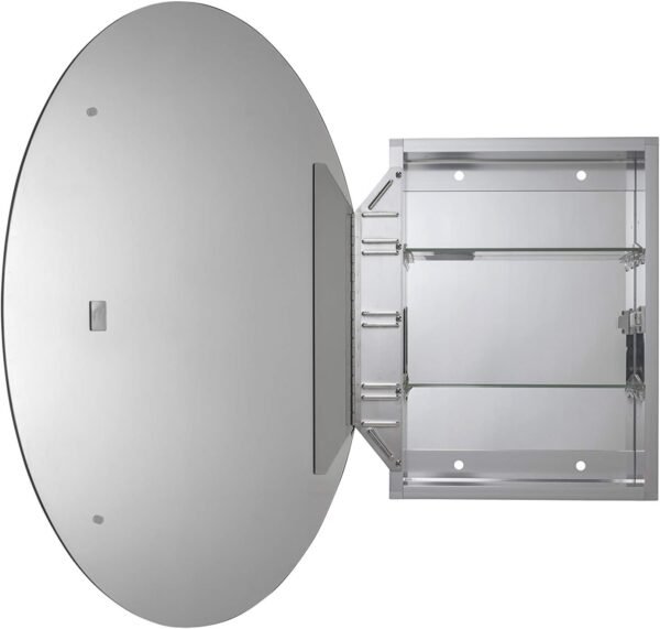 Espejo ovalado con armario oculto abierto.