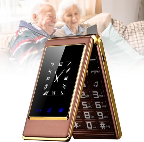 Teléfono plegable dorado con pantalla de reloj digital.