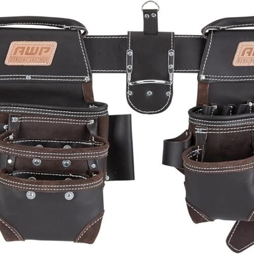 Cinturón portaherramientas de cuero marrón con bolsillos.