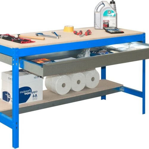 Simon Rack Mesa de Trabajo Taller, 400 kg Capacidad Carga, 842x910x610 mm, 1 Cajón, Azul/Madera  con Defecto