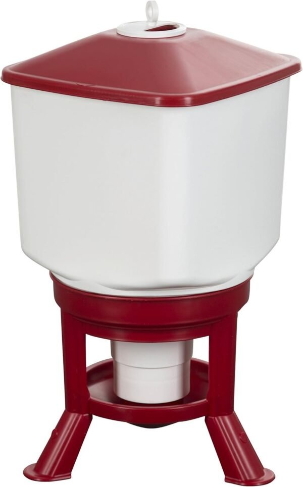 Comedero automático para aves, rojo y blanco.