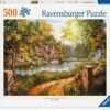 Puzzle Ravensburger de paisaje con puente y lago.