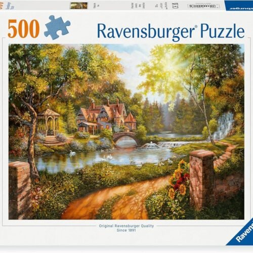 Puzzle Ravensburger de paisaje con puente y lago.