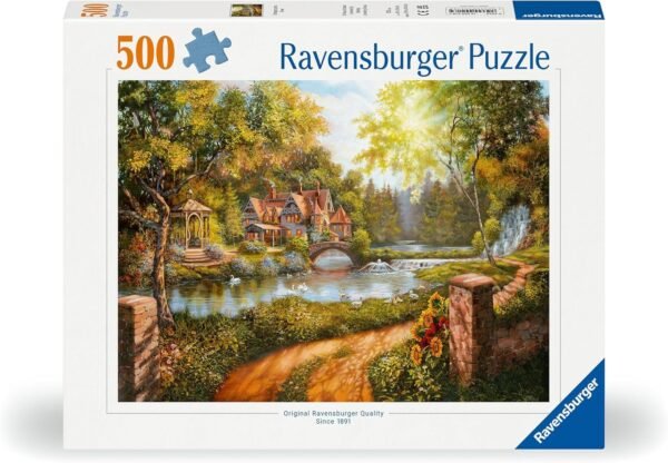Puzzle Ravensburger de paisaje con puente y lago.