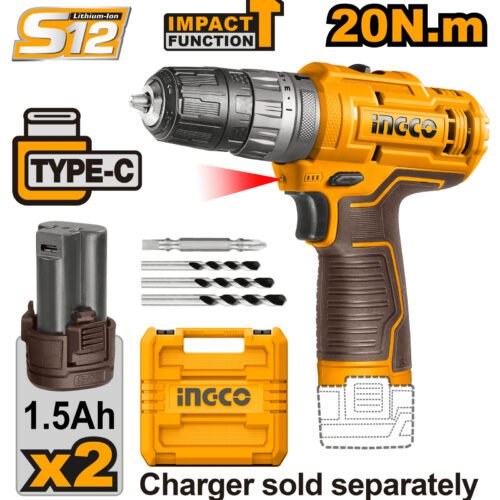 Taladro inalámbrico con accesorios y batería adicional.