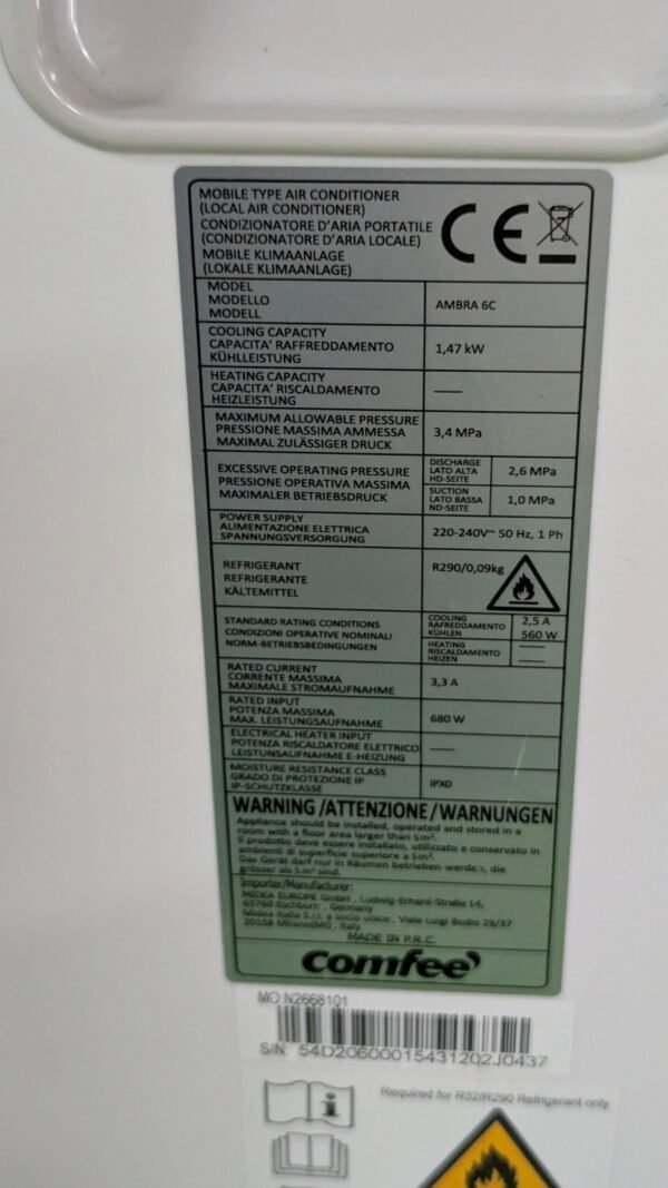 COMFEE' Aire acondicionado portátil 5000 BTU/h ámbar 6C