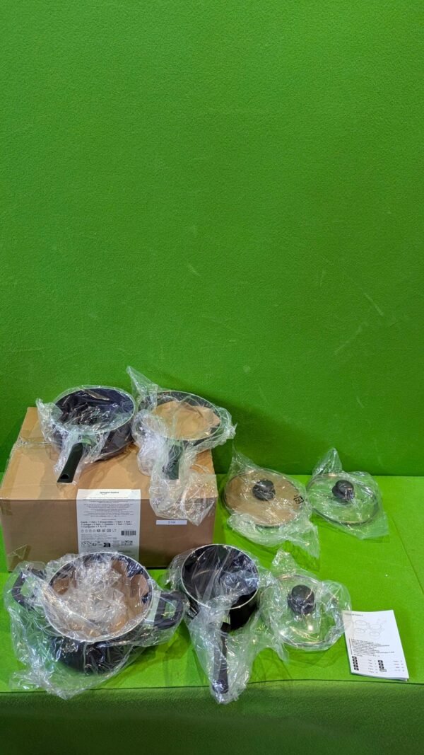 Juego de sartenes y ollas con tapas de cristal.