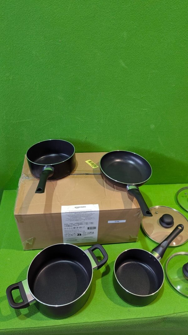 Juego de utensilios de cocina antiadherentes, 7 Unidads (4 ollas + 3 tapas) falta una sarten