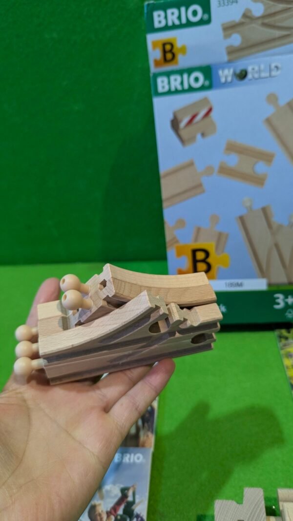 PXL_20251120_120327563.MP_-scaled-1.jpg Piezas de madera Brio sobre caja y fondo verde.