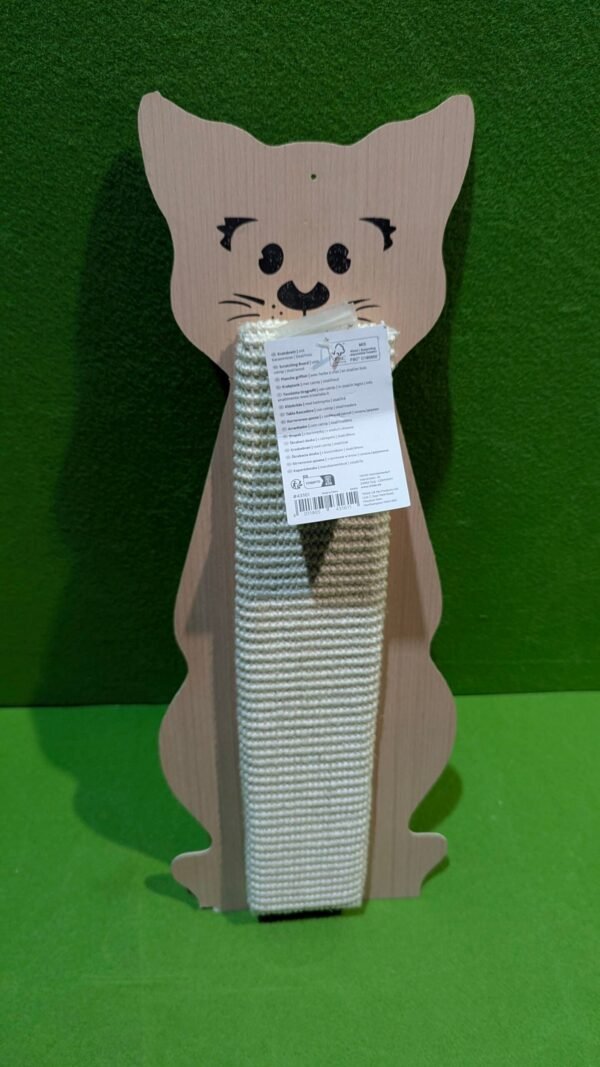 Rascador para gatos con forma de gato en madera.