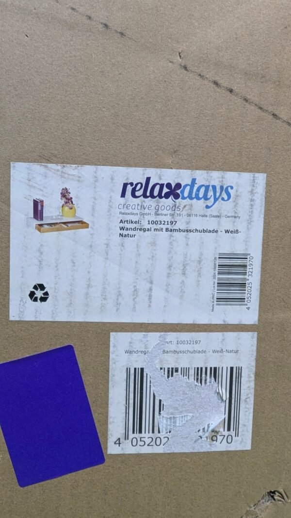 Caja con etiqueta Relaxdays y código de barras