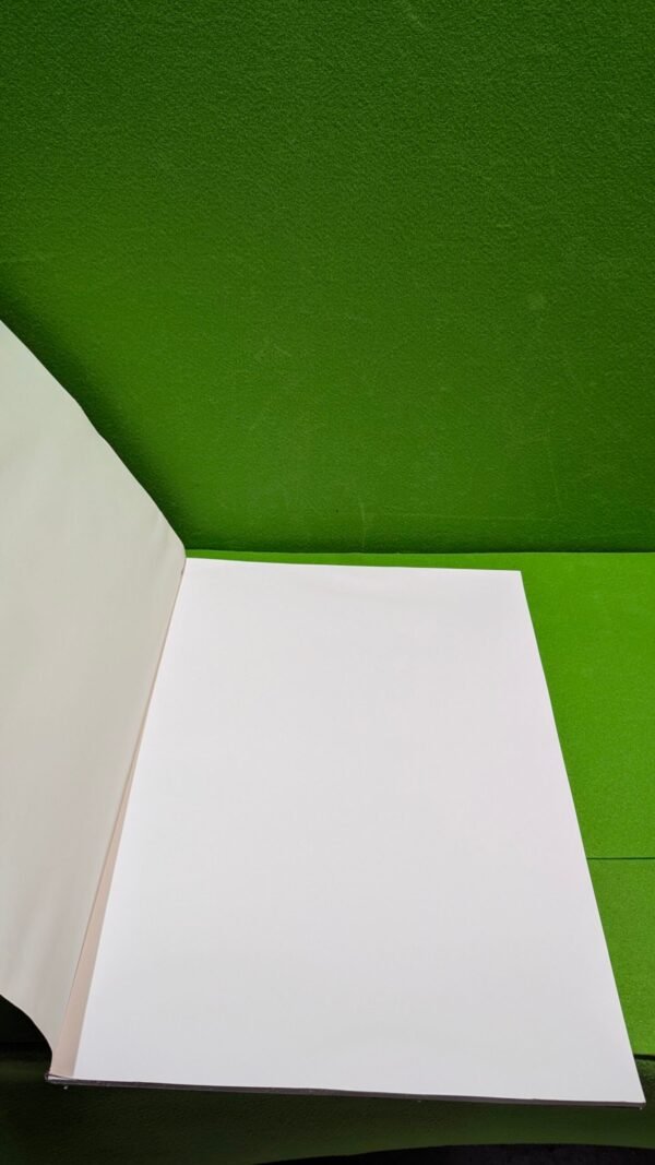 Cuaderno abierto sobre fondo verde brillante.