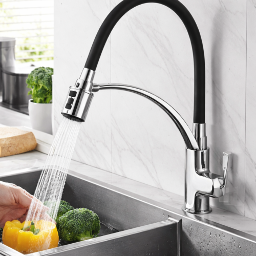 Ibergrif M14004-2 Prague – Grifo de cocina monomando con caño flexible negro y 2 funciones