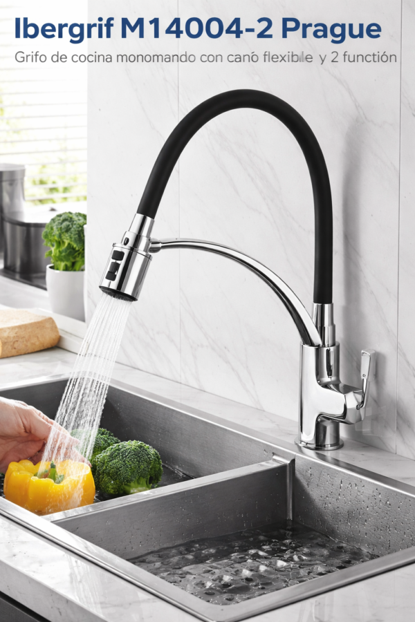 Ibergrif M14004-2 Prague – Grifo de cocina monomando con caño flexible negro y 2 funciones