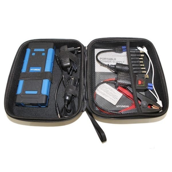 Kit arrancador portátil Hyundai con cables y accesorios.