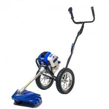 Desbrozadora a ruedas azul para jardinería eficaz.