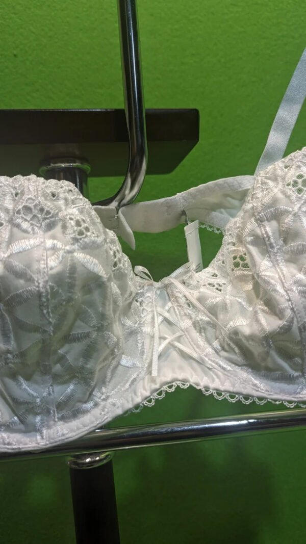 Sujetador blanco de encaje colgado en perchero.