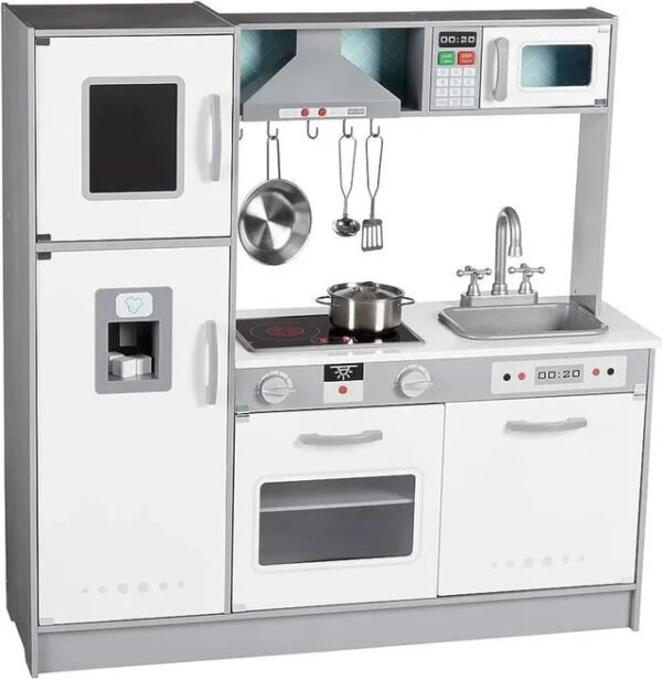 Cocina de juguete, disposición en línea, de madera
