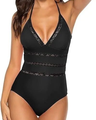 Bañador negro con diseño de encaje elegante.