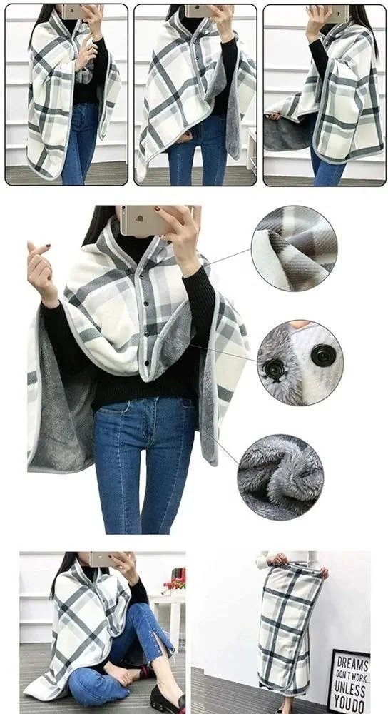 Manta suéter de lana a cuadros gris y blanco.