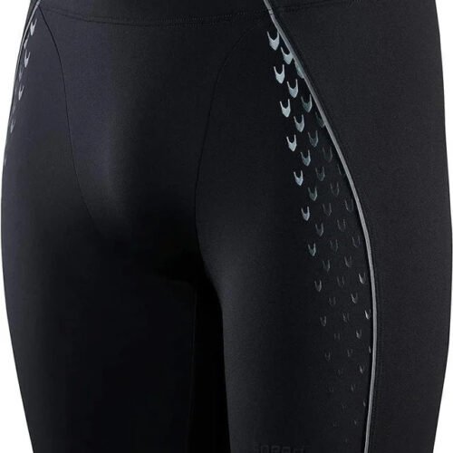 Bañador negro para natación con detalles blancos.