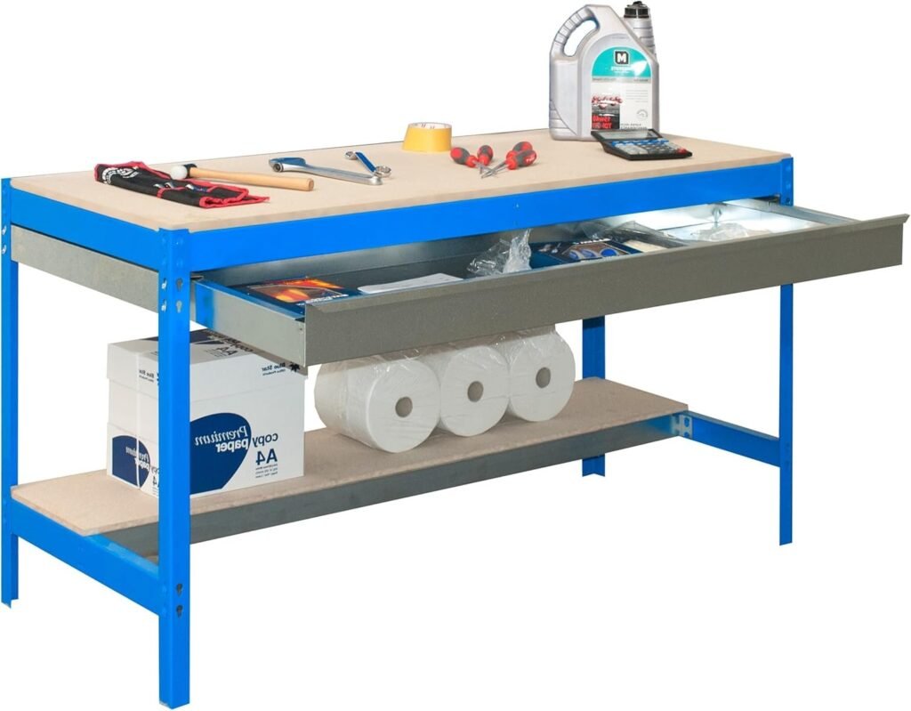 Simon Rack Mesa de Trabajo Taller, 400 kg Capacidad Carga, 842x910x610 mm, 1 Cajón, Azul/Madera