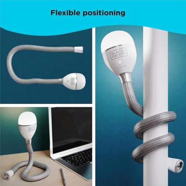 BDCFSL01-XJ - BLACK+DECKER Luz de serpiente, uso para luz de libro, luz de escritorio y luz de trabajo, 2 ajustes, flexible y recargable (BDCFSL01)