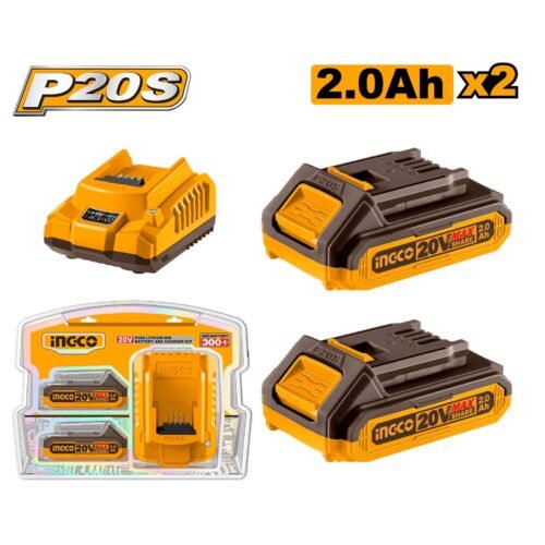FBCPK1222E - Pack de Energía INGCO 20V: 2 Baterías 2.0 Ah + Cargador Rápido - Sistema P20S