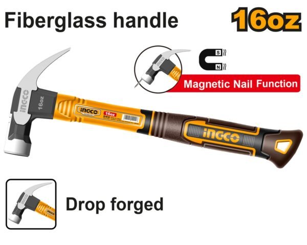 HCH81016 - Martillo de Orejas Profesional INGCO 450g (16oz) - Soporte Magnético para Clavos