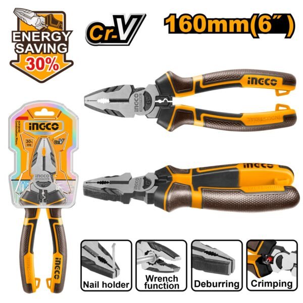 HHCP28160 - Alicate Universal Profesional INGCO 160mm (6") - 30% Más de Fuerza - Acero CR-V