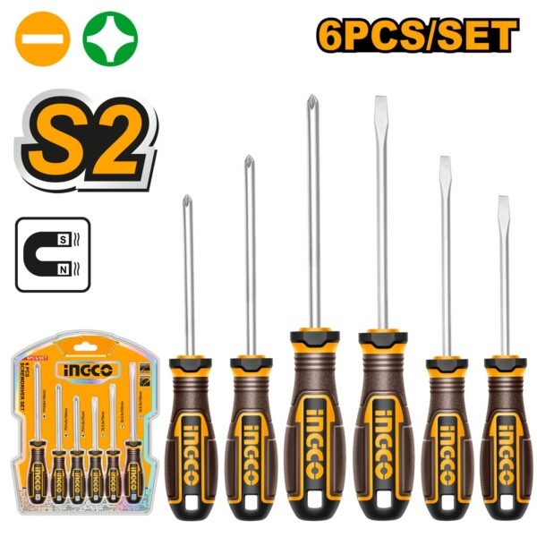 HKSDS0628 - Set de 6 Destornilladores Profesionales INGCO - Acero S2 y Cr-V - Puntas Imantadas