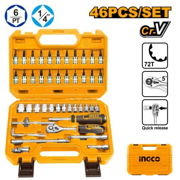 HKTS14462 - Maletín de Herramientas 45 Pcs 1/4" INGCO - Kit Completo de Vasos y Puntas