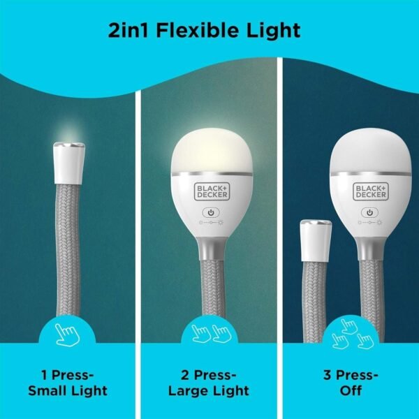 BLACK+DECKER Luz de serpiente, uso para luz de libro, luz de escritorio y luz de trabajo, 2 ajustes, flexible y recargable (BDCFSL01)