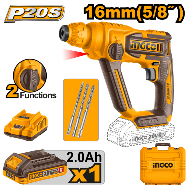 Taladro percutor atornillador de batería LI-ION 20V INGCO CRHLI201681E
